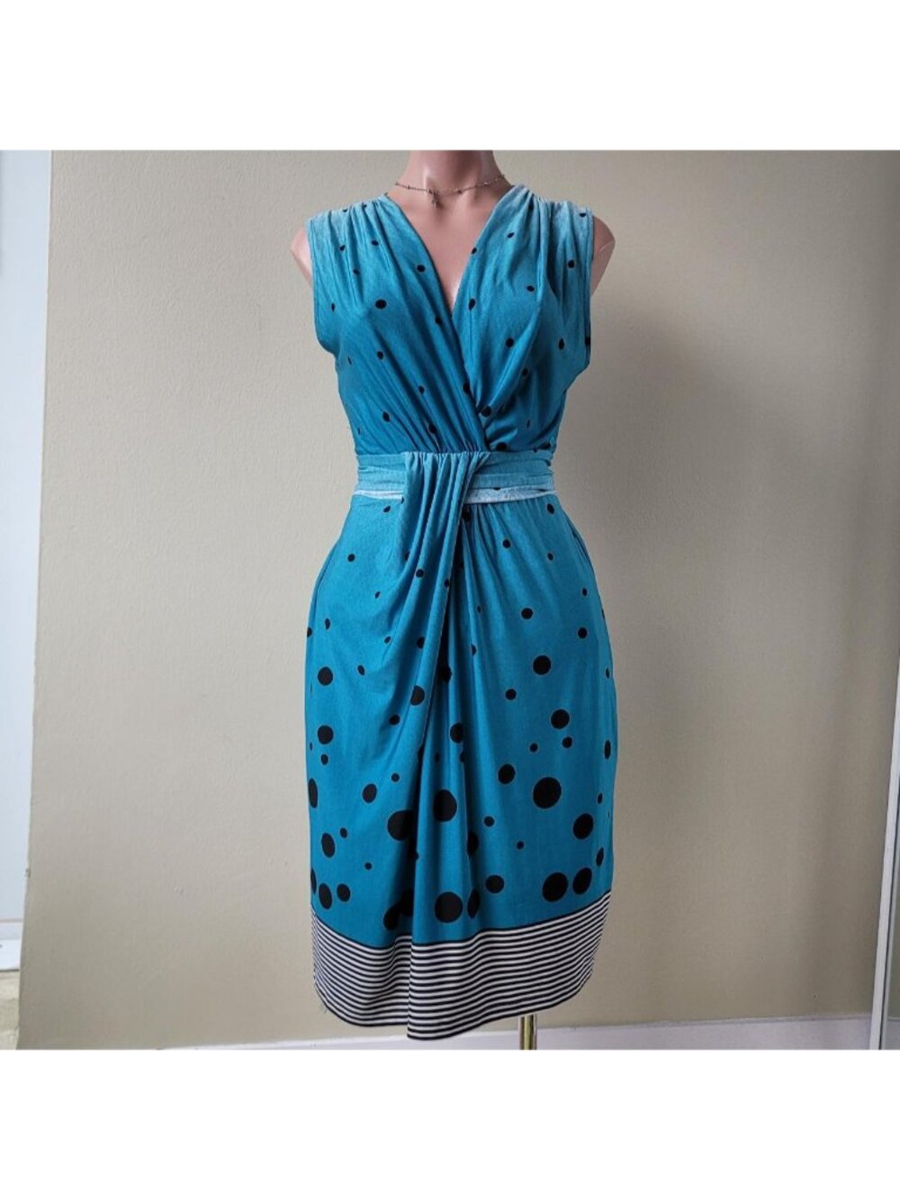 Coco &amp; Tashi Blue Polka Dot &amp; Stripe Tied Waist Deep V-Neck Midi Dress